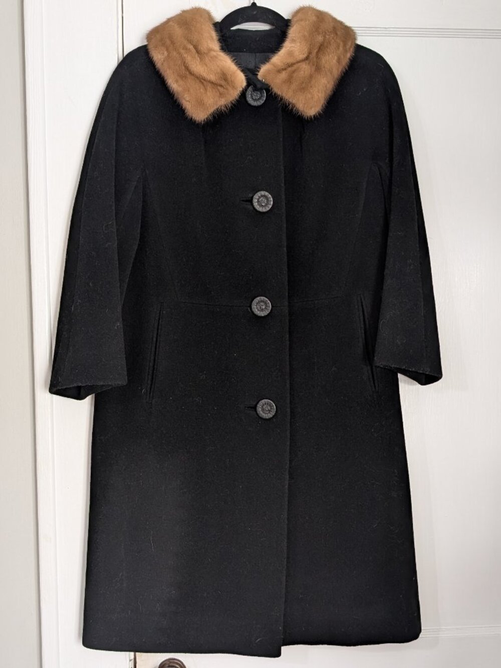 Sycamore Vintage Black Wool Coat Brown Genuine Fur Collar Midi Coat Women's M/L